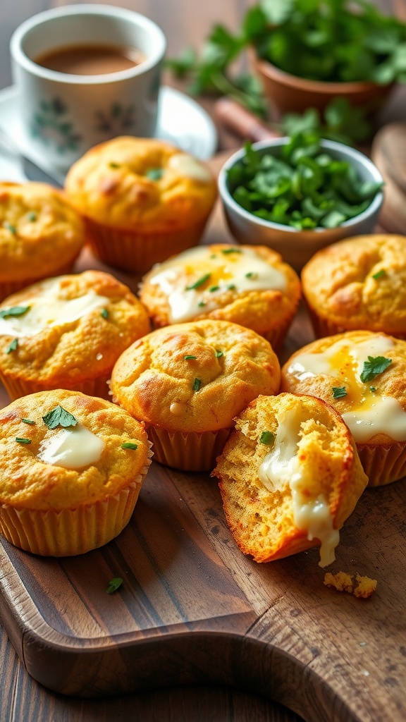 Savory breakfast muffins with cheese and herbs on a wooden board, with a cup of coffee.